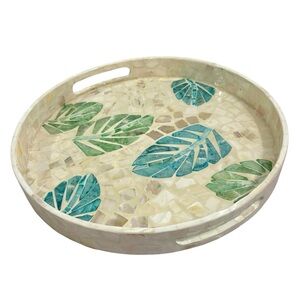 VTG Mother of Pearl Mosaic Tray 14” Round, Tropical Leaf, Blue Green White